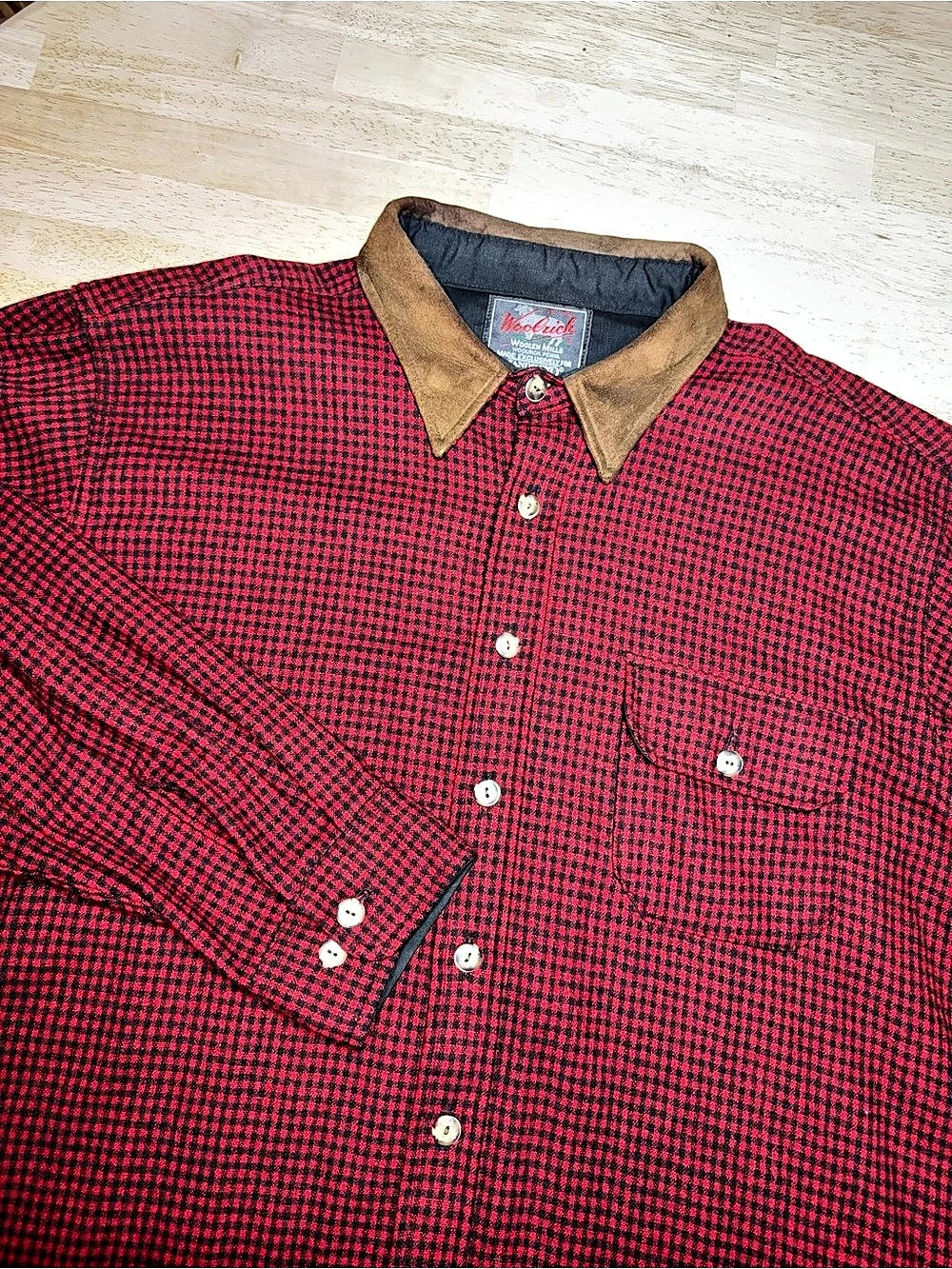 Vintage 80s Woolrich Woolen Mills Red Wool Plaid Shirt Leather Suede Collar 2XL